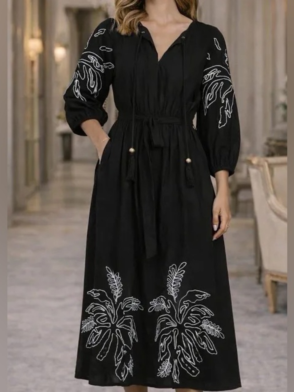 NWT. Black Embroidered Tie-Waist Maxi Dress with Tassel Belt